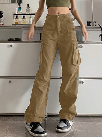 Sonicelife 2024 New Fashion Woman Bottom Elegant Zip Pocket Straight Leg Cargo Jeans