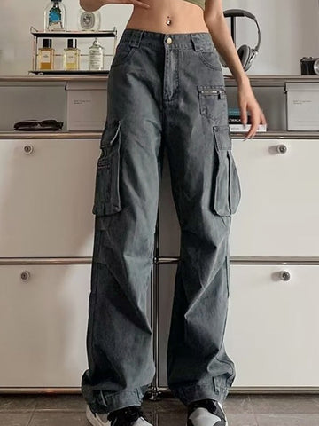 Sonicelife 2024 New Fashion Woman Bottom Elegant Zip Pocket Straight Leg Cargo Jeans