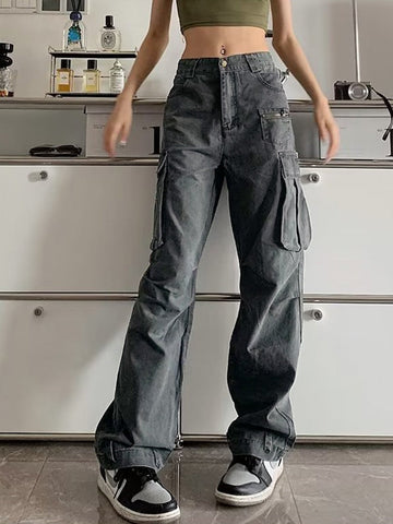 Sonicelife 2024 New Fashion Woman Bottom Elegant Zip Pocket Straight Leg Cargo Jeans
