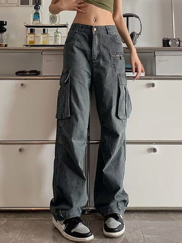 Sonicelife 2024 New Fashion Woman Bottom Elegant Zip Pocket Straight Leg Cargo Jeans