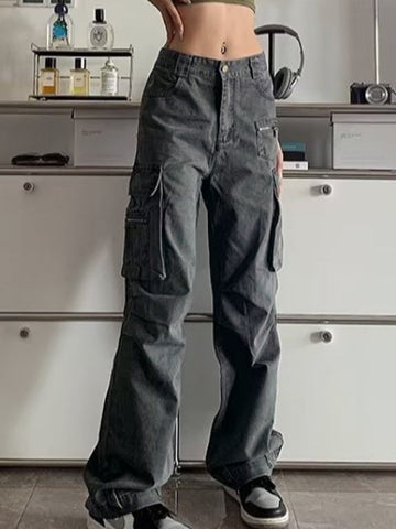 Sonicelife 2024 New Fashion Woman Bottom Elegant Zip Pocket Straight Leg Cargo Jeans