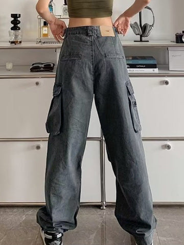 Sonicelife 2024 New Fashion Woman Bottom Elegant Zip Pocket Straight Leg Cargo Jeans