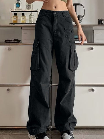 Sonicelife 2024 New Fashion Woman Bottom Elegant Zip Pocket Straight Leg Cargo Jeans