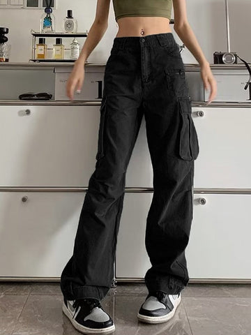 Sonicelife 2024 New Fashion Woman Bottom Elegant Zip Pocket Straight Leg Cargo Jeans