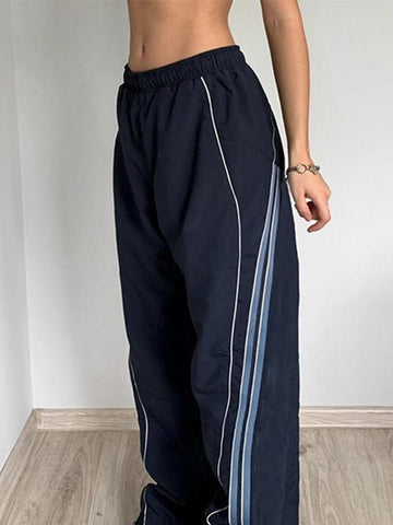 Sonicelife 2024 New Fashion Woman Bottom Elegant Vintage Striped Piping Baggy Sweatpants