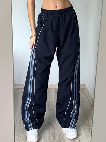 Sonicelife 2024 New Fashion Woman Bottom Elegant Vintage Striped Piping Baggy Sweatpants