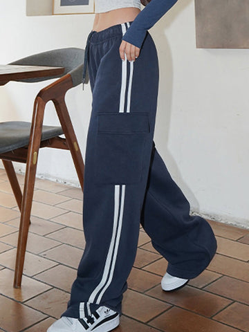 Sonicelife 2024 New Fashion Woman Bottom Elegant Pocket Side Stripe Baggy Sweatpants