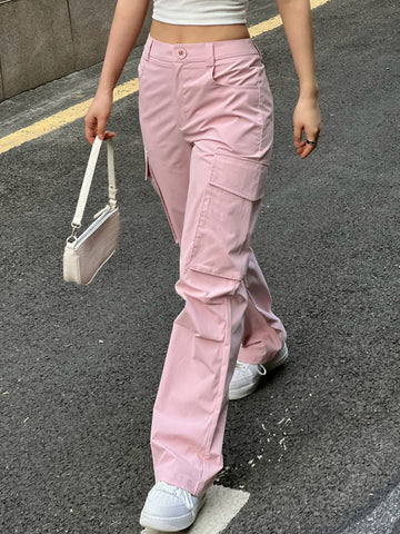 Sonicelife 2024 New Fashion Woman Bottom Elegant Ruched Pink Straight Leg Cargo Pants