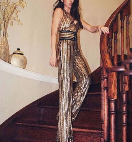 Golden Glitter V-Neck Jumpsuit Women  Skinny Backless Bodycon Jumpsuits Ladies Elegant Party Overalls Clubwear 2023