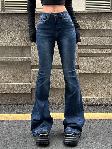 Sonicelife 2024 New Fashion Woman Bottom Elegant Blue Wash Distressed Stretch Flare Jeans