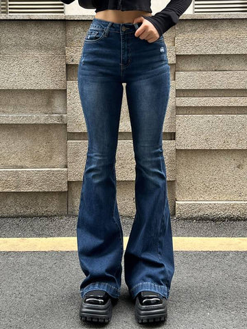 Sonicelife 2024 New Fashion Woman Bottom Elegant Blue Wash Distressed Stretch Flare Jeans