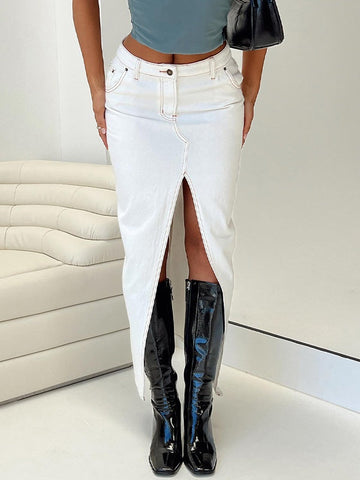 Sonicelife 2024 New Fashion Woman Bottom Elegant High Slit Denim Maxi Skirt