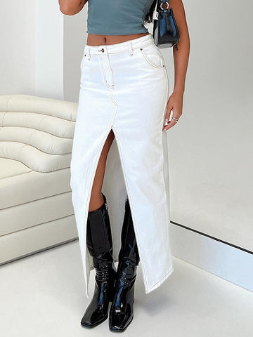 Sonicelife 2024 New Fashion Woman Bottom Elegant High Slit Denim Maxi Skirt