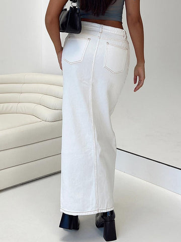Sonicelife 2024 New Fashion Woman Bottom Elegant High Slit Denim Maxi Skirt