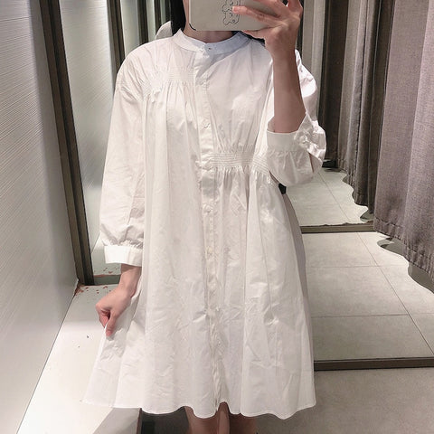 Sonicelife 2023 Spring Summer Women White  Mini Shirt Dress Chic Button O-Neck Casual Loose A-Line Beach Dresses Ladies Vestidos Mujer