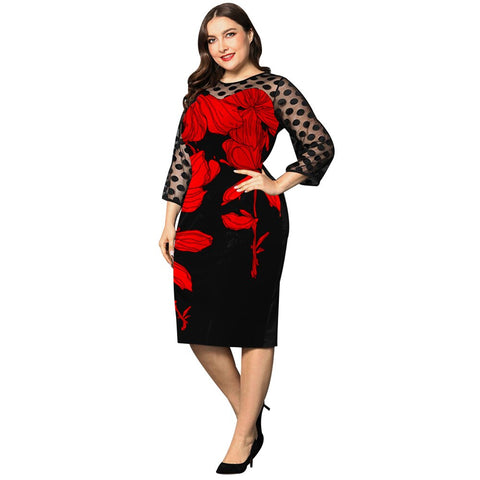 Sonicelife Summer plus size dresses for women Black A-LINE empire Mesh Spliced Dress Large Size Lady Sheer Sleeve Party Dresses Robe D30