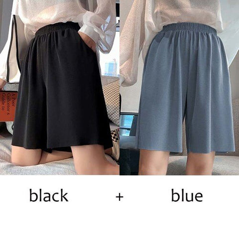 Sonicelife Wide Leg Short Pants Woman Summer Casual Ice Silk Straight Shorts Female Solid Elastic Waist Plus Size Slacks Short for Girls