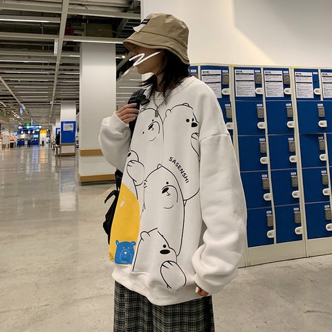Sonicelife Women's Sweatshirt Spring 2024 Kpop Loose Long-Sleeved Coat Student Cartoon Print Top Harajuku Style Female Jacket Bluza Damska