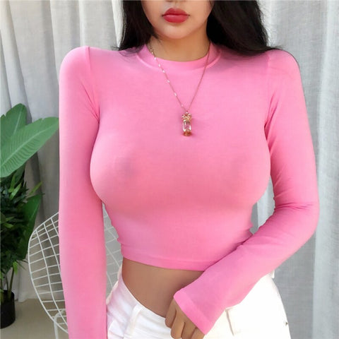 Sonicelife 2024 O Neck White Crop Top Women Summer Casual T Shirt Basic  Streetwear Slim  Black Long Sleeve Tops