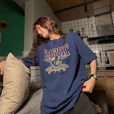 Sonicelife Oversized Printed Casual Vintage Basic Short Sleeve T-Shirt Women Korean Style O-Neck All-Match Summer Cotton Soft Chic Tshirts