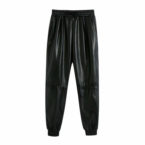 2023 Autumn Winter Women Fashion Black Faux Leather Harem Pants Solid Casual Loose Elastic High Waist jogging Trousers Female