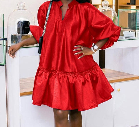 Sonicelife  2024 Women Plus Size Lantern Sleeve Dress  V Neck Solid Color Holiday Robe Bohemian Party Vestido Loose Baggy Sundress