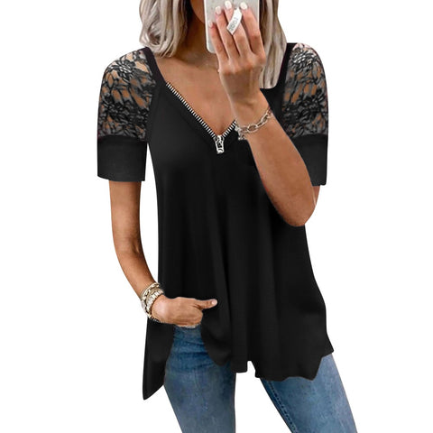 Women Tank Top Solid Zipper V Neck Female Camisole Lace Short Sleeve Pleated T Shirt Ladies Summer Women Loose Pullover Tops D30