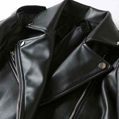 2023 New Spring Autumn Women Black Soft Faux Leather Short Jacke Lapel Zipper Motorcycle Coat