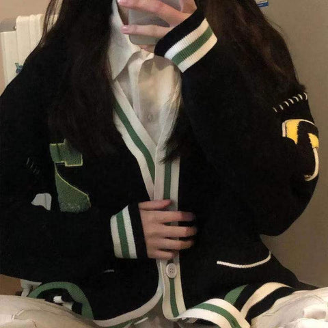 Sonicelife  Korean Style Letter Printing Black Oversize Sweater Cardigan Women Harajuku Streetwear Long Sleeve Jumper Female Tops