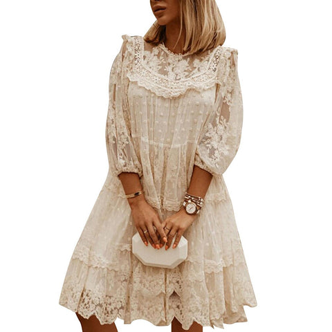 Sonicelife hoco dresses-Summer  V-neck Lace Party Dress Women Elegant Mesh Patchwork Three Quarter Sleeve Dress Spring Ruffle Mini Dress Vestido D30