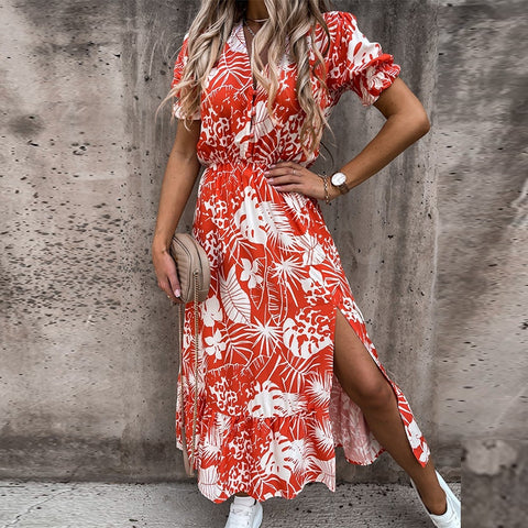 Sonicelife  Summer Floral Print Dress Women V Neck Side Slit Long Elegant Dress Short Sleeve Button Slim Spring Female Party Dress Vestidos