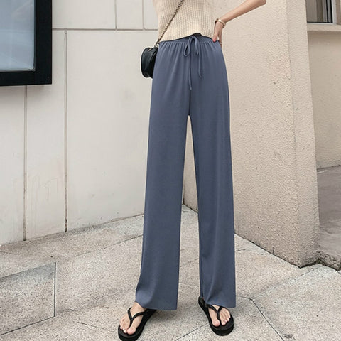 Sonicelife High Waist Soft Comfort Women Pants 2024 New Casual Summer Slacks Pants Women Ice Silk Full Length Long Trousers Female Slacks