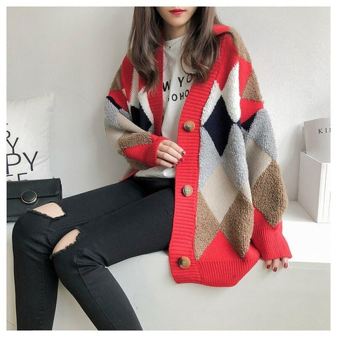 Sonicelife Knitted Cardigan for Women 2024 Korean Fashion Elegant Casual Plaid V-Neck Sweater Women's Knitted Jacket Sweaters Oversize