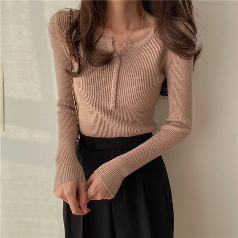 Sonicelife Christmas Gift 2024 Sweater Women Solid Color O-neck Pullovers Basic Primer Pull Femme Button Chic Jumper Soft Slim Autumn Knitted Sweaters