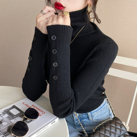 Christmas Gift Thick Cashmere Knitted Sweater Women 2023 Autumn Winter Korean Turtleneck Long Sleeve Button Pullover Female Jumper Knitwear