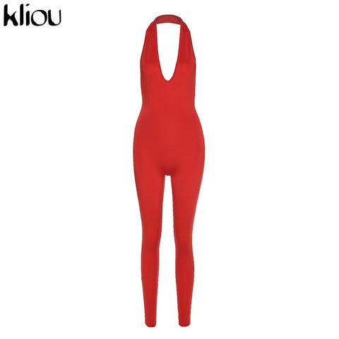 Sonicelife Kliou halter women activewear v-neck  bandage sleeveless jumpsuit skinny rompers solid elastic bodycon fitness casual outfit