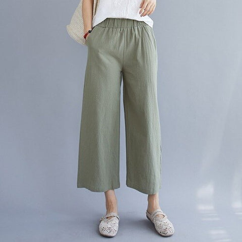 Spring 2021 Women's  Pants Cotton Linens Solid Harajuku High Waisted Capri Pants Streetwear Women Wide Leg Trousers for Female