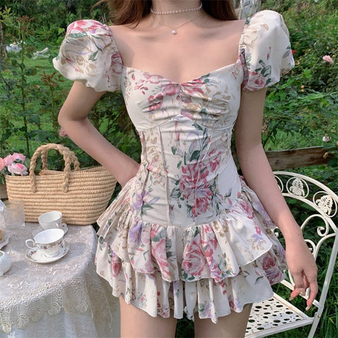 Sonicelife hoco dresses Summer French Romantic Floral Mini Romper Square Collar Flowers Printed Chiffon Tiered Playsuit Cute Kawaii Feminine Romper  Fairy Dress