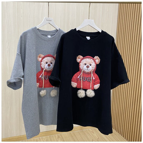 Sonicelife Harajuku Fur Ball Tshirt Summer Women Cotton Half Sleeve Round Neck T-Shirts Korean Style Kawaii Cute Bear Female Clothes Tops