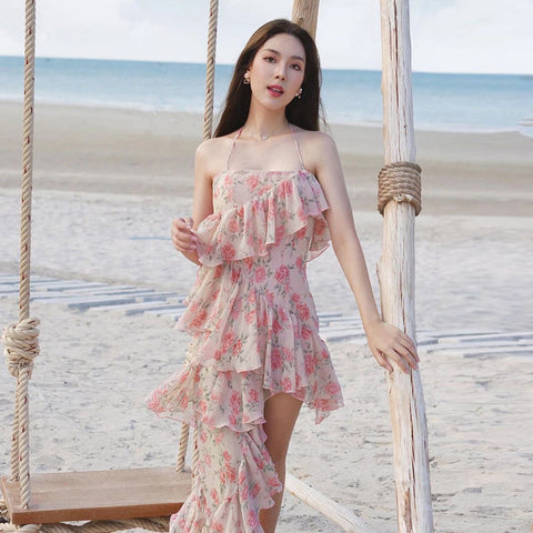Sonicelife   Irregular Ruffled Breast Wrap Strap Dress Women's  Spring Summer Midi Flower Halterneck  Boho Dress Beach Dress Sundress  Fairy Dress