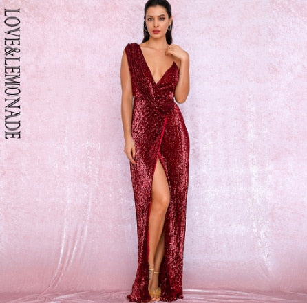 Sonicelife LOVE&LEMONADE  Deep Red Deep V-Neck Whit Split Sequins Party Maxi Dress LM81849