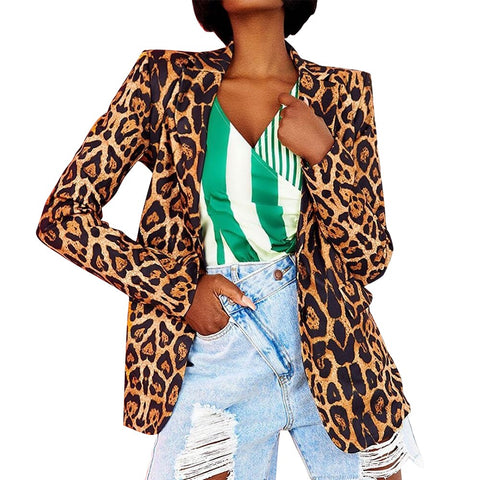 Sonicelife Women Fashion Leopard Print Lapel Slim Cardigan Temperament Blazer Elegant Office Suit Coat Casual Slim Thin Laides Jacket