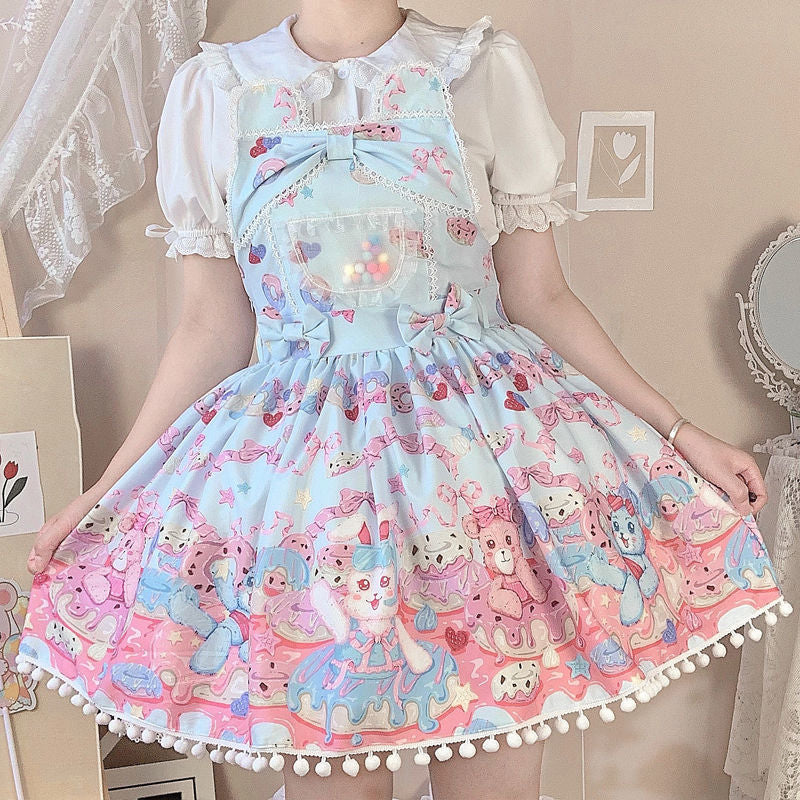 Sonicelife Sweet Lolita Milk Foam Pudding Print Lolita Cute JSK Strap Dress Women Summer Tea Party Princess Bowknot Dresses