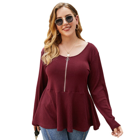 Sonicelife Sale Plus Size 4XL Women Solid Pullover Round Neck Zipper Ruffle Blouse Hem Patchwork Long Sleeve Tunic Shirt Loose Tops D30