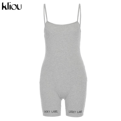 Sonicelife Kliou suspenders rompers women summer playsuit slash neck Letters Embroidery elastic streetwear ribbed sleeveless slim