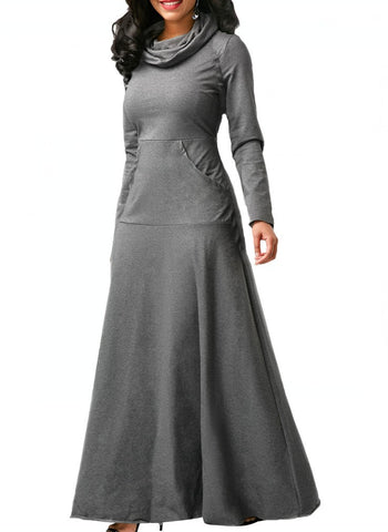 Sonicelife Women Warm Dress With Pocket Casual Solid Vintage Autumn Winter Maxi Dress Robe Bow Neck Long Elegant Dress