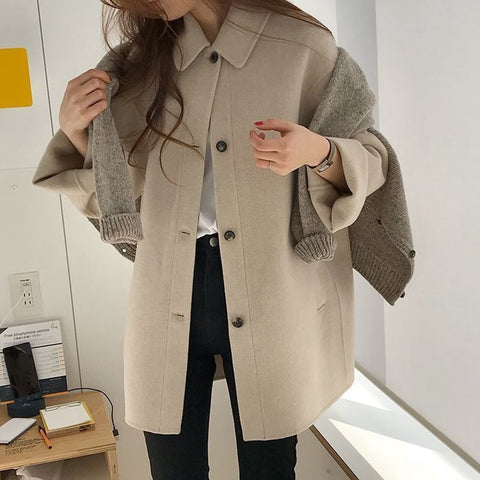 New Autumn Women Faux Wool Coat Long Sleeve Single Breasted Fashion Turn Down Colllar Female Blends Causal Loose Winter Outwear