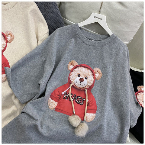Sonicelife Women's Cotton T-shirt Cute Bear Tshirts 2024 Summer Short Sleeve Loose Casual Harajuku Tee Oversized Couple Fur Ball Tops Cloth