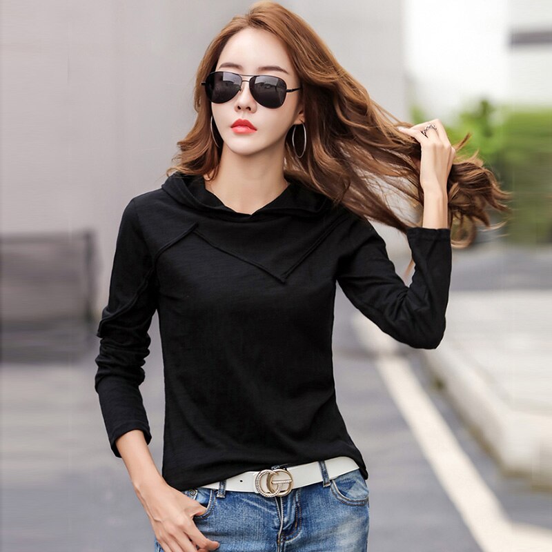 Sonicelife Long Sleeve Hooded T-shirt Bamboo Cotton Autumn Winter Tops New 2024 T Shirt Women Casual Patchwork Tee Shirt Femme White Black