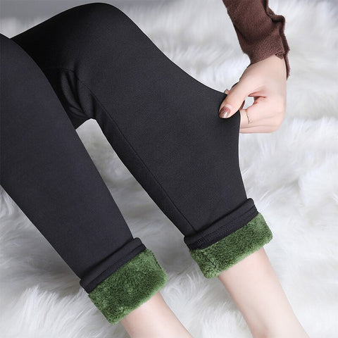 Winter Green Velvet Leggings Women High Waist Stretch Thick Warm Cashmere Pencil Pants Slim Cotton Female Legging Pants